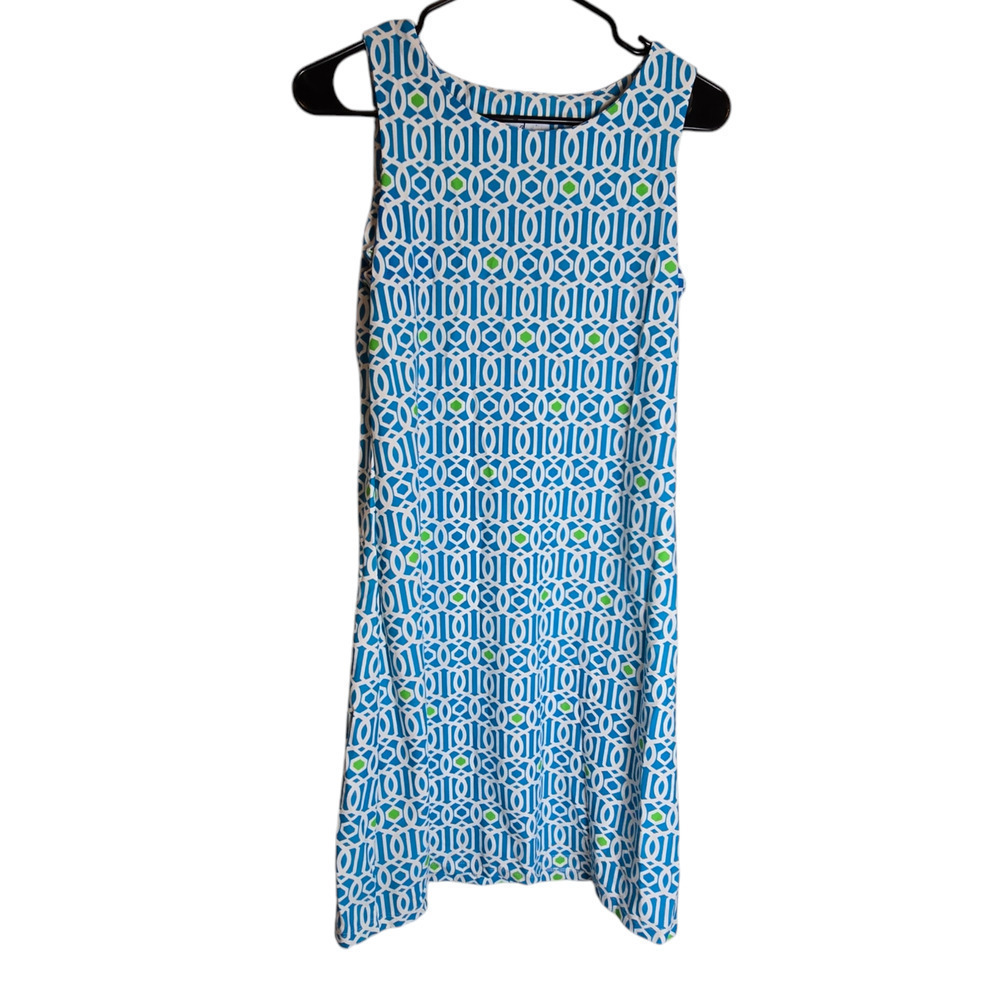 Jude Connally sleeveless shift dress blue green white size small mini abstract